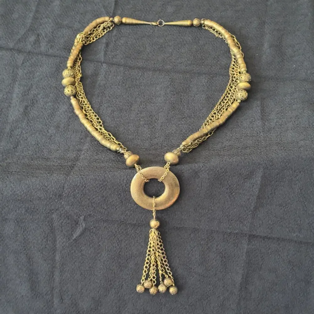 VNT Lariat Serpentine Tribal Statement Necklace Gold Multi Strand Tassel